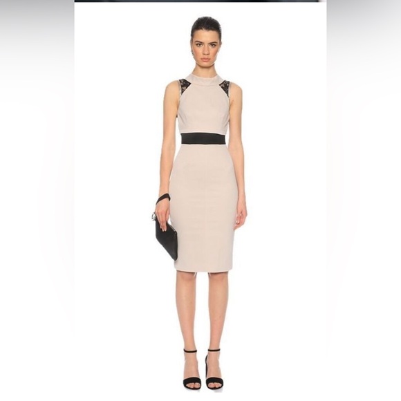 Karen Millen Dresses & Skirts - Karen Millen Sleeveless Beige Midi Dress with Black Lace Accents